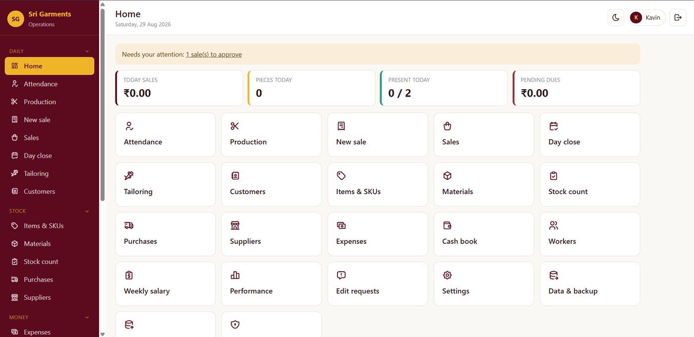 The Sri Garments operations home screen, showing today's sales, pieces produced, attendance and pending dues above a grid of modules.